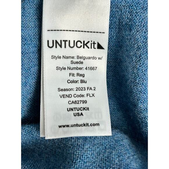 Untuckit Sweater Men's L Blue 1/4 Zip Belguardo w Suede Extrafine Merino Wool - Picture 6 of 12
